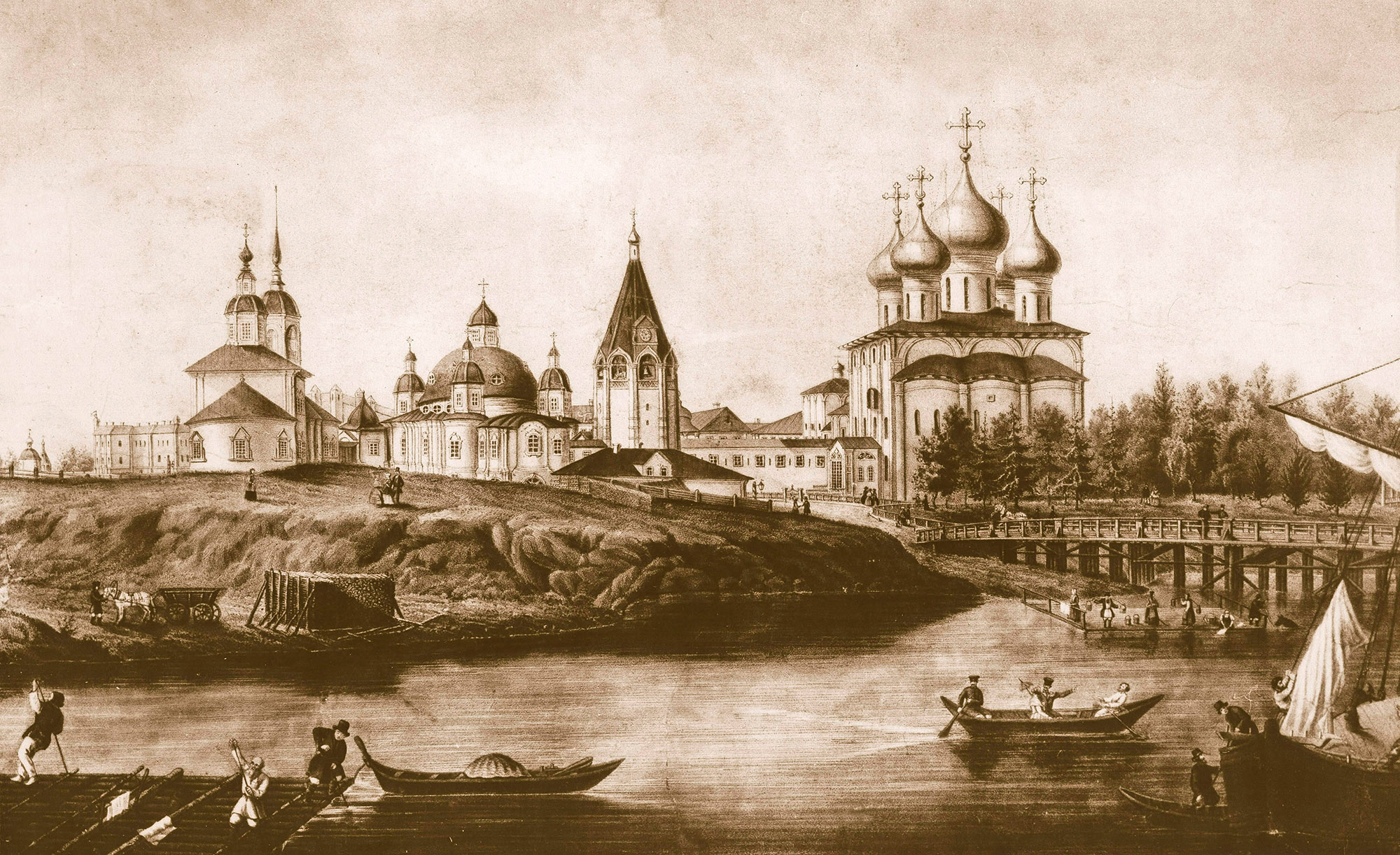Вид вологодских соборов. Гравюра А. Скино по рисунку А. Ушакова. 1853 год